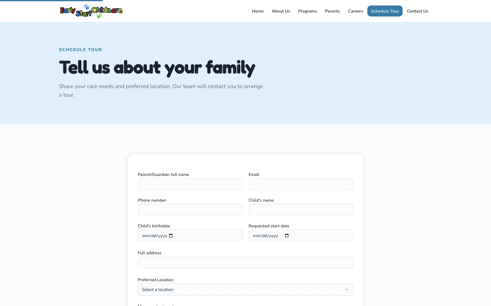 Tour inquiry flow for care needs, preferred location, and start date.